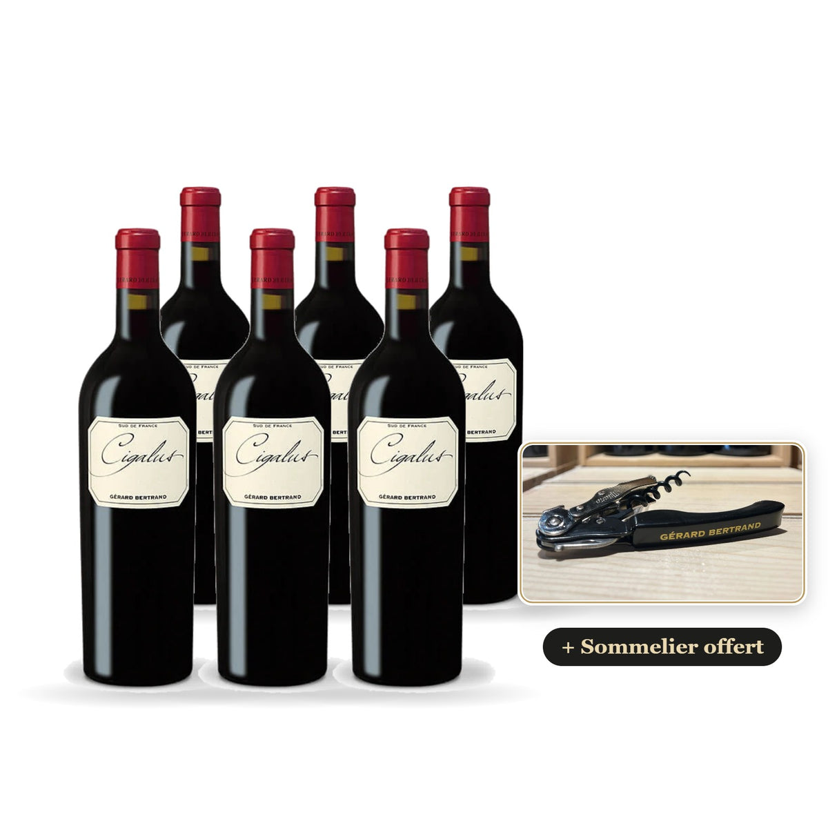 Lote de 6 botellas de Cigalus tinto 2023 con sacacorchos de sumiller Gérard Bertrand de regalo