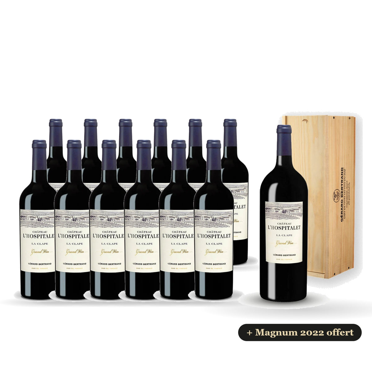 12er-Pack Château l'Hospitalet Grand Vin Rotwein 2023 mit einer kostenlosen Magnumflasche des Jahrgangs 2022 in einer Holzkassette