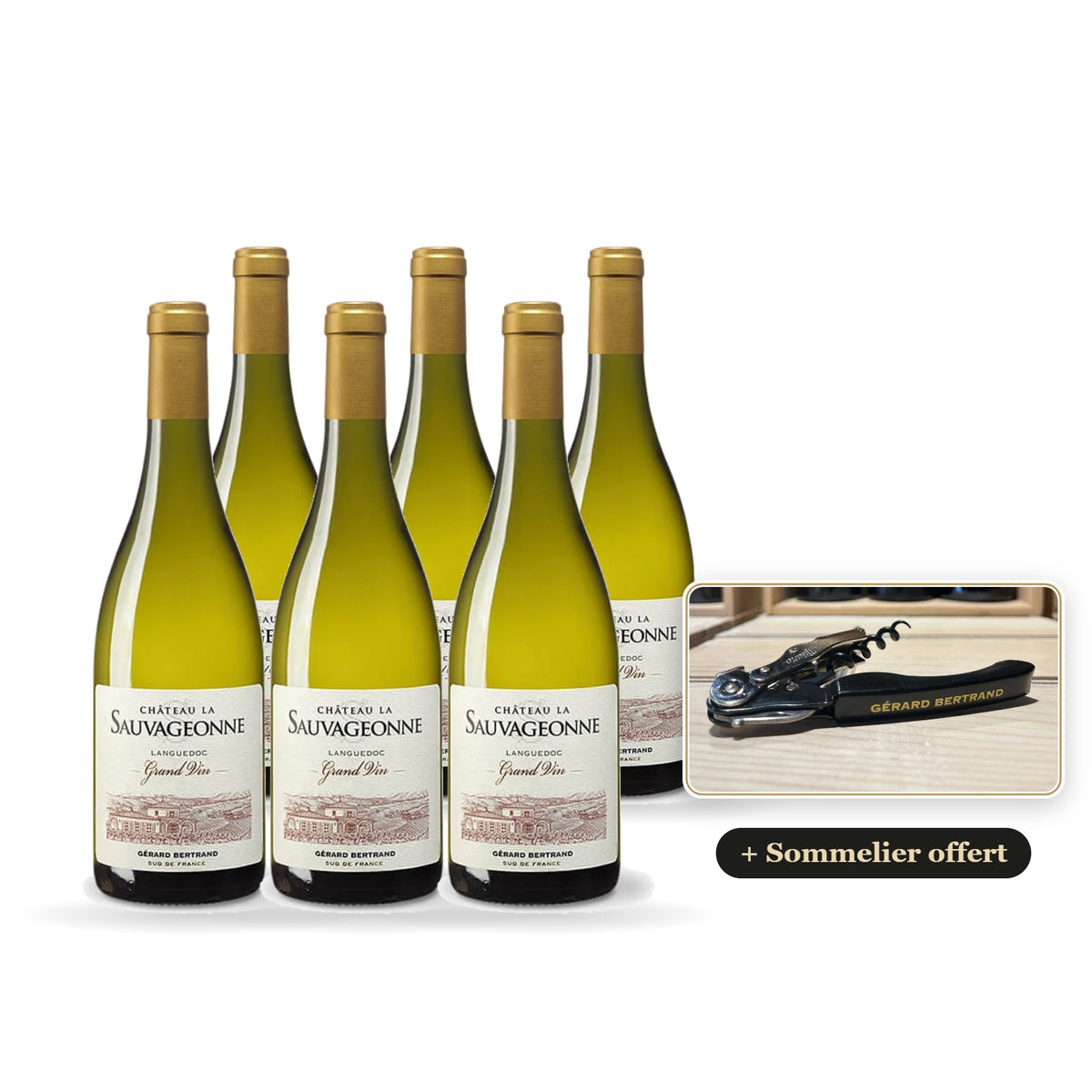 Lote de 6 botellas de Château La Sauvageonne Grand Vin blanco 2024 con sacacorchos de sumiller Gérard Bertrand de regalo