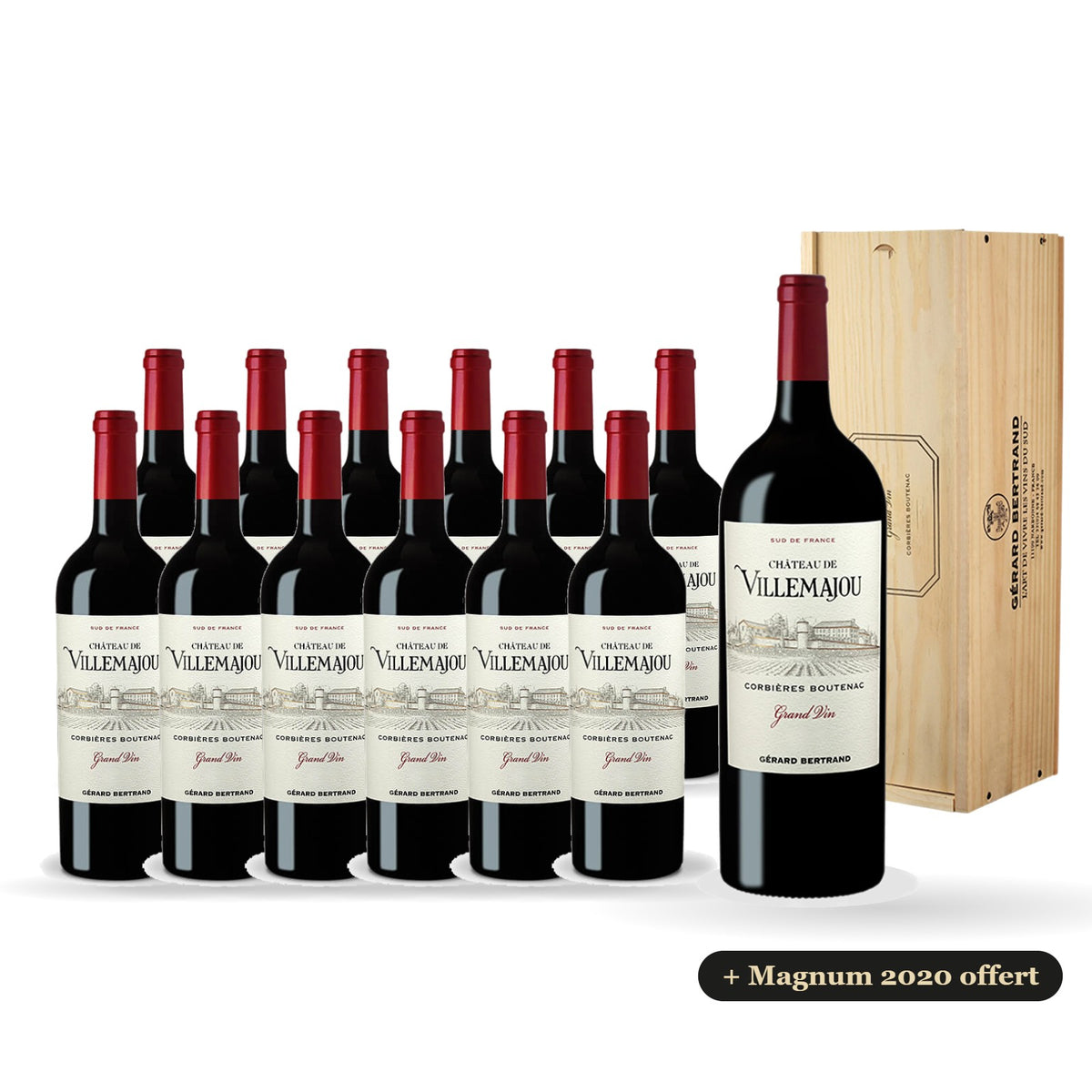 Lote de 12 botellas de Château de Villemajou Grand Vin tinto 2023 con un magnum 2020 de regalo