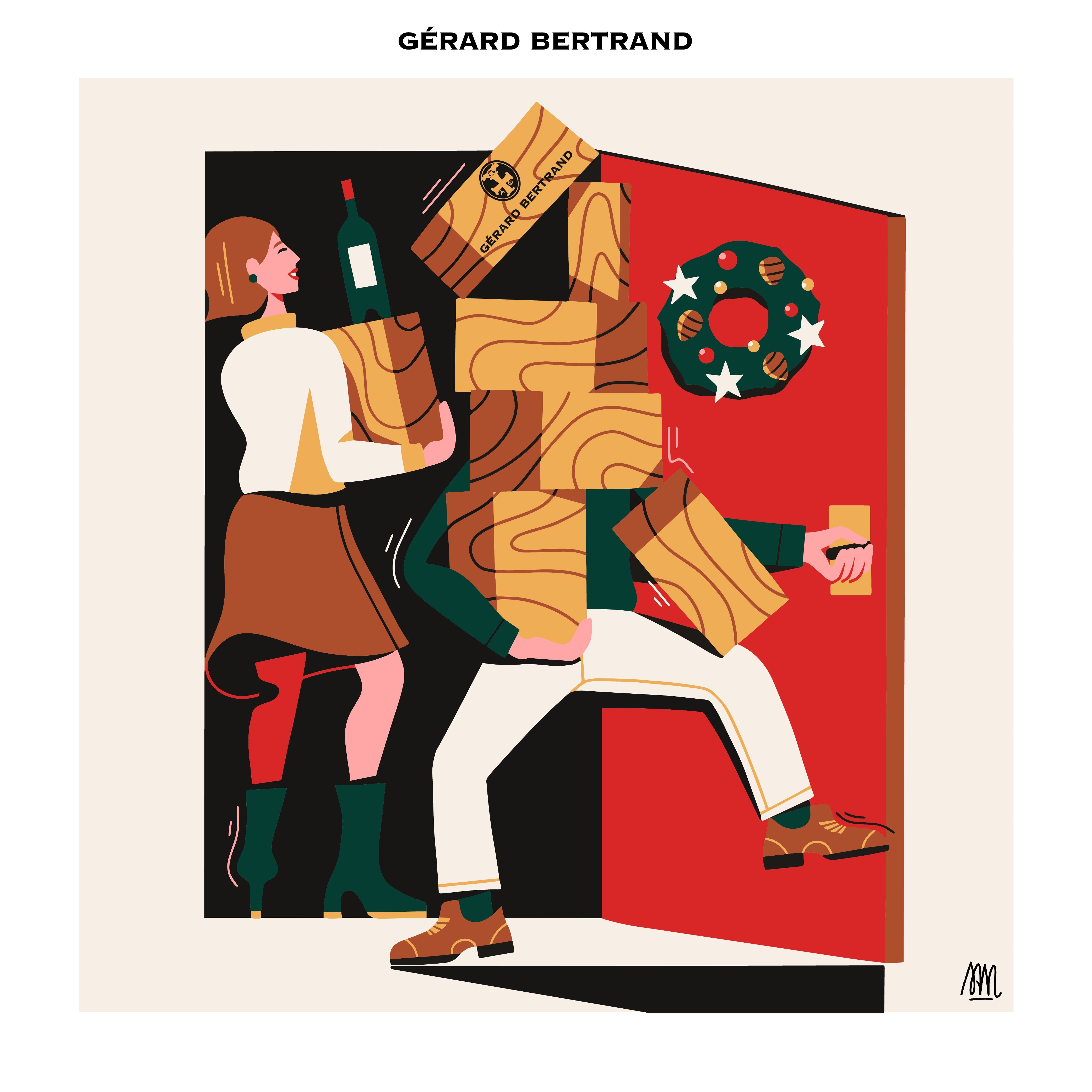 illustration noel coffret vin cadeau caisse bois homme femme
