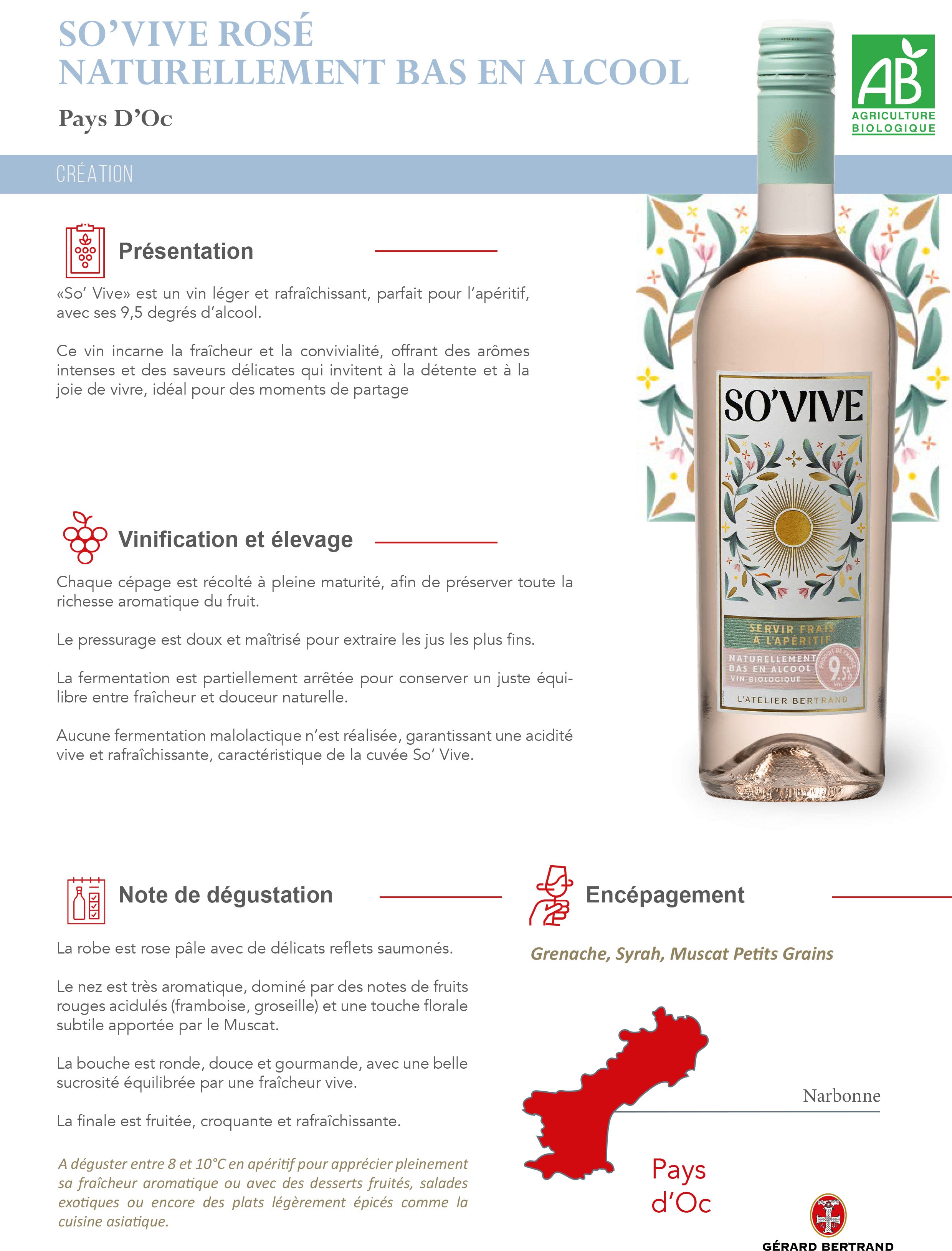 So’Vive 2025 vin rosé bio 75cl naturellement faible en alcool - Gérard Bertrand 