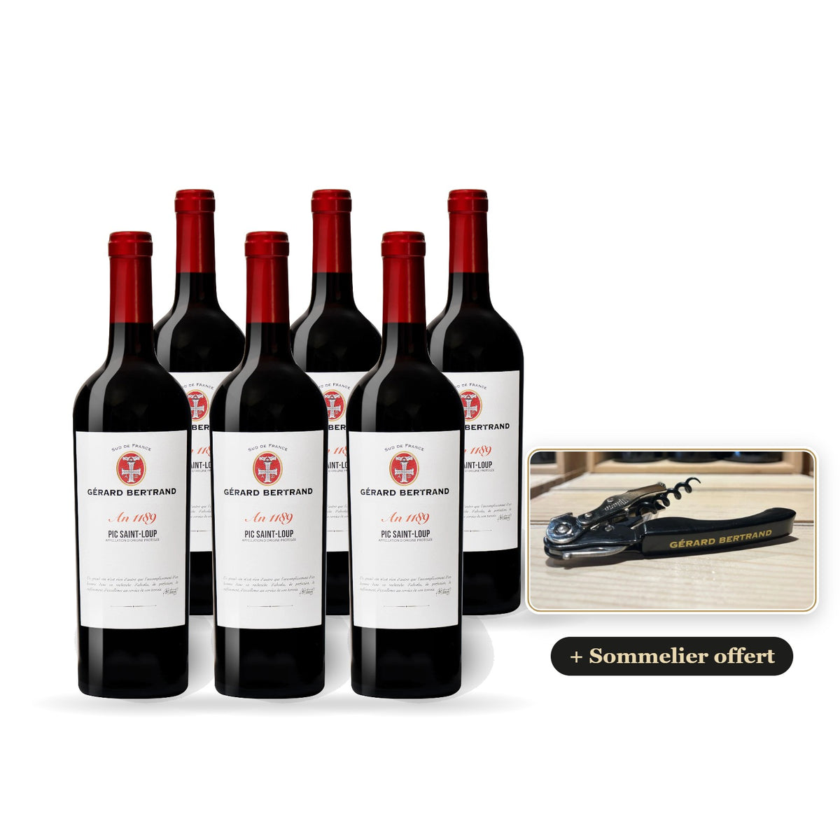 Lote de 6 botellas de Héritage Año 1189 Pic Saint Loup 2024 con un sacacorchos de sumiller Gérard Bertrand de regalo