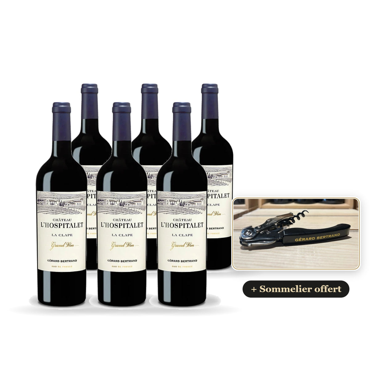 Lote de 6 botellas de Château l'Hospitalet Grand Vin tinto 2023 con sacacorchos de sumiller Gérard Bertrand de regalo