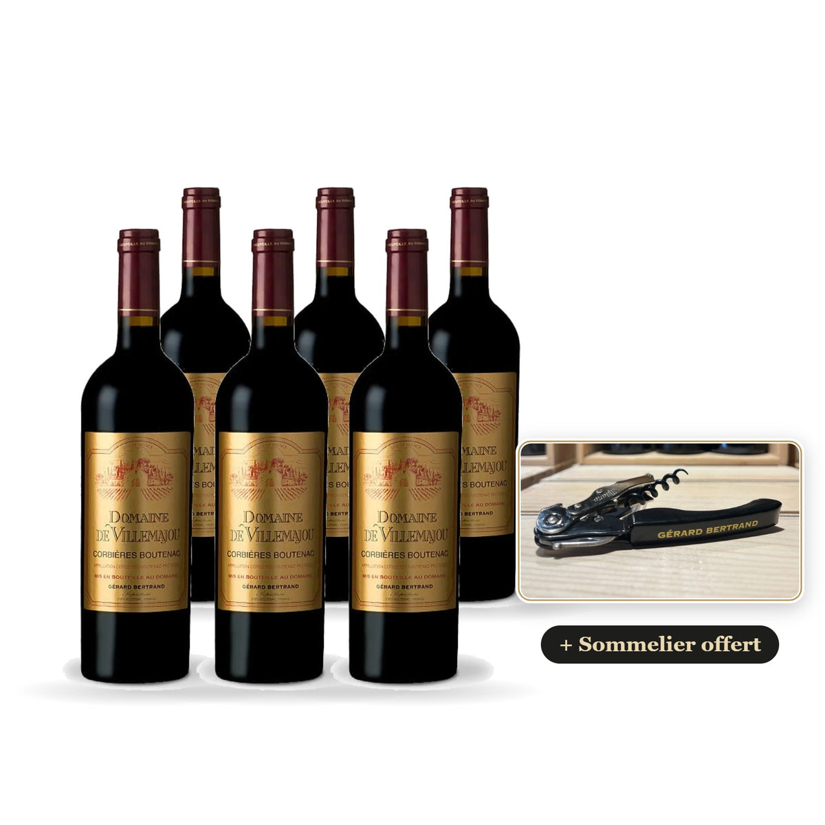 Lote de 6 botellas de Domaine de Villemajou Boutenac 2023 con un sacacorchos de sumiller Gérard Bertrand de regalo