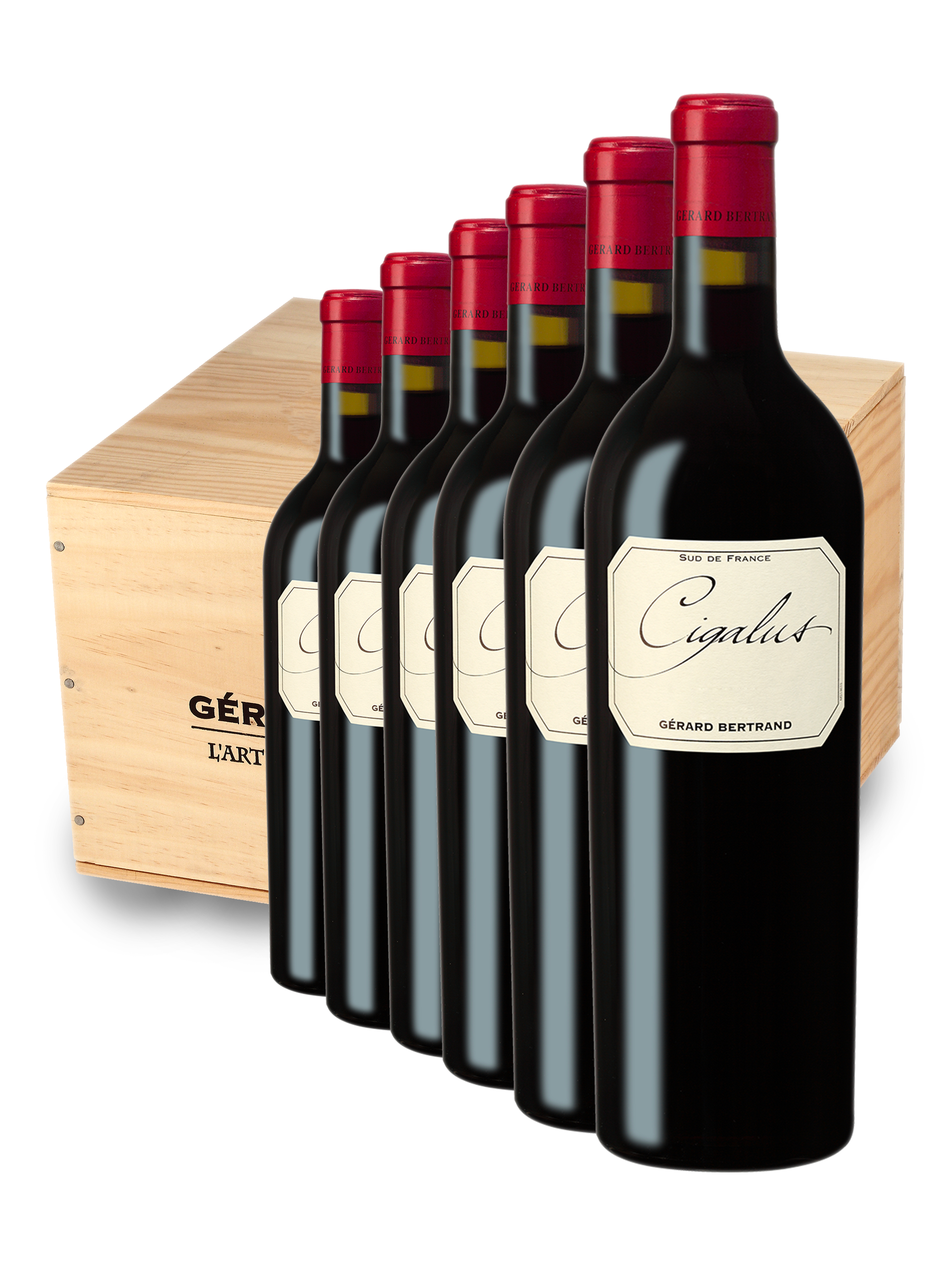 Wooden Case 6 Bottles Cigalus 2019 red wine Gérard Bertrand